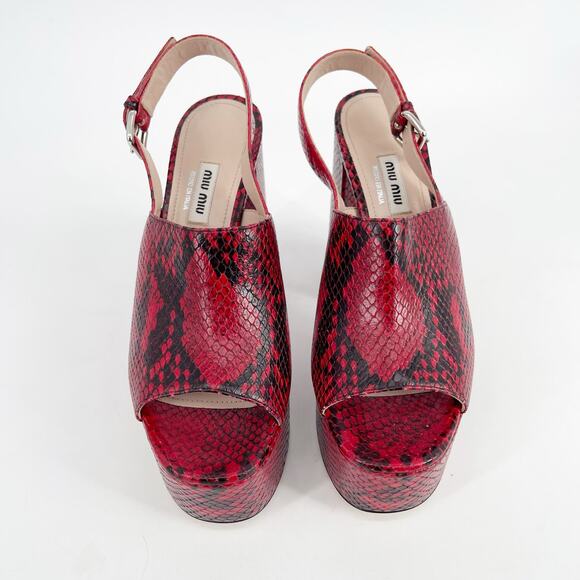 Miu Miu Red Black Snakeskin Embossed Leather Platform Block Heel Sandals IT 40 - Picture 6 of 13